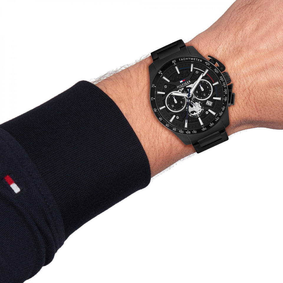 Tommy Hilfiger Men's Bank Black Dial IP Plated Bracelet Watch