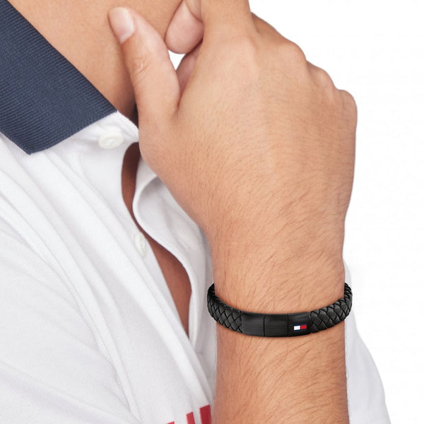 Tommy Hilfiger Men's Black Braided Leather Bracelet