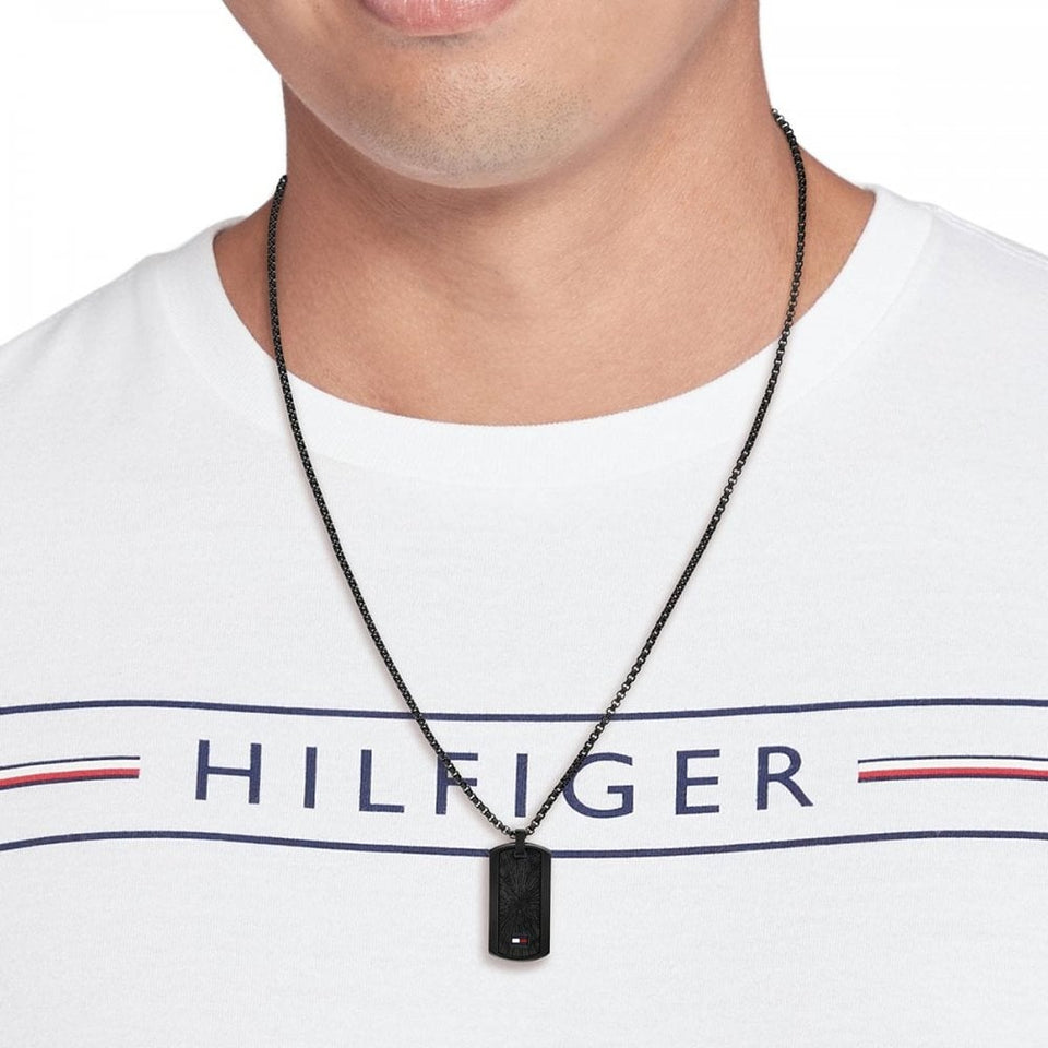 Tommy Hilfiger Men's Black Stainless Steel Tag Necklace
