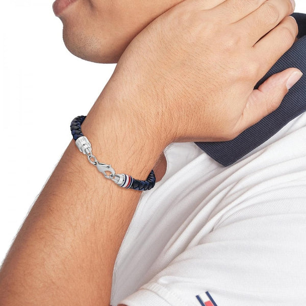 Tommy Hilfiger Men's Blue & Black Braided Leather Bracelet