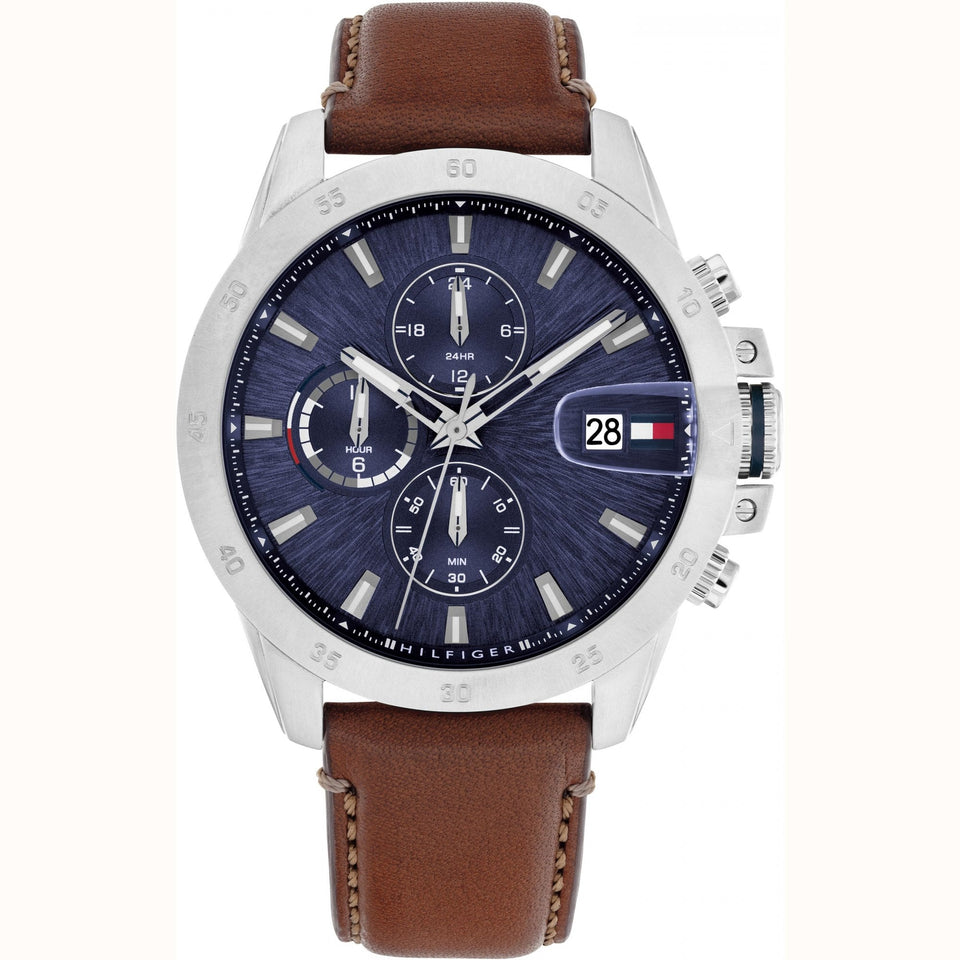 Tommy Hilfiger Men's Blue Dial Brown Leather Strap Watch