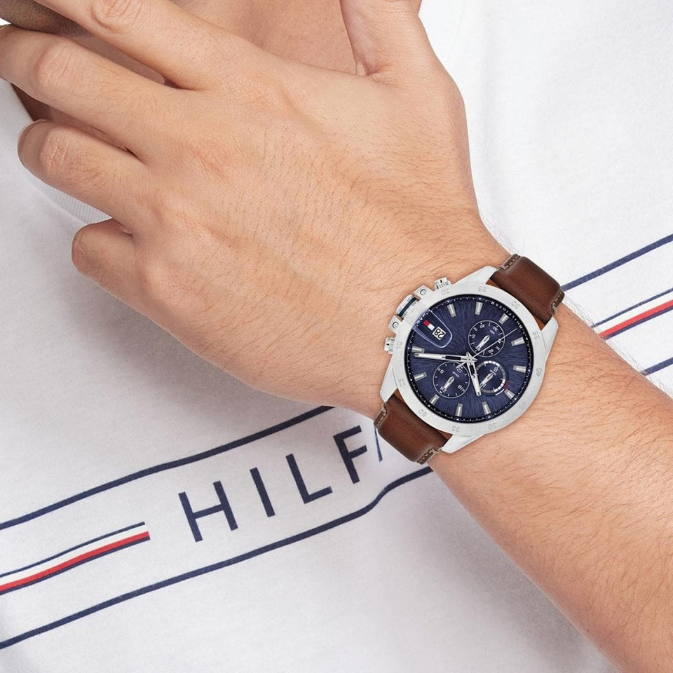 Tommy Hilfiger Men's Blue Dial Brown Leather Strap Watch