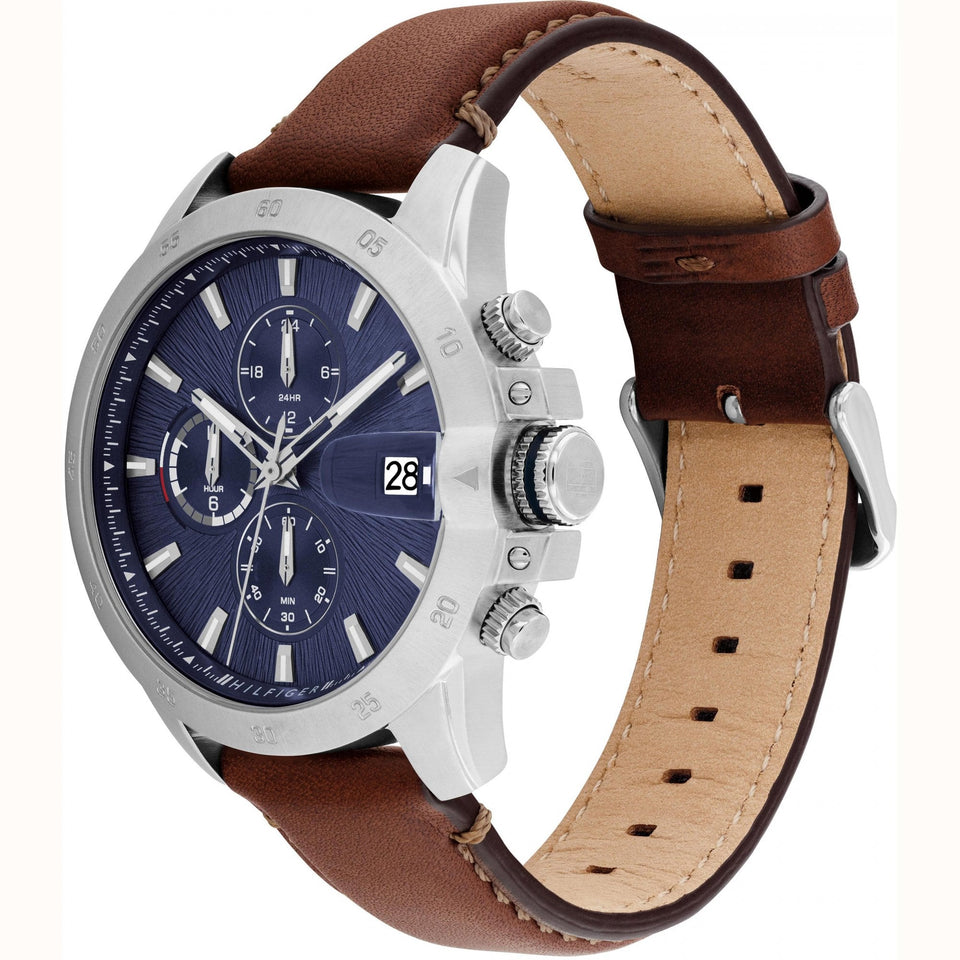Tommy Hilfiger Men's Blue Dial Brown Leather Strap Watch