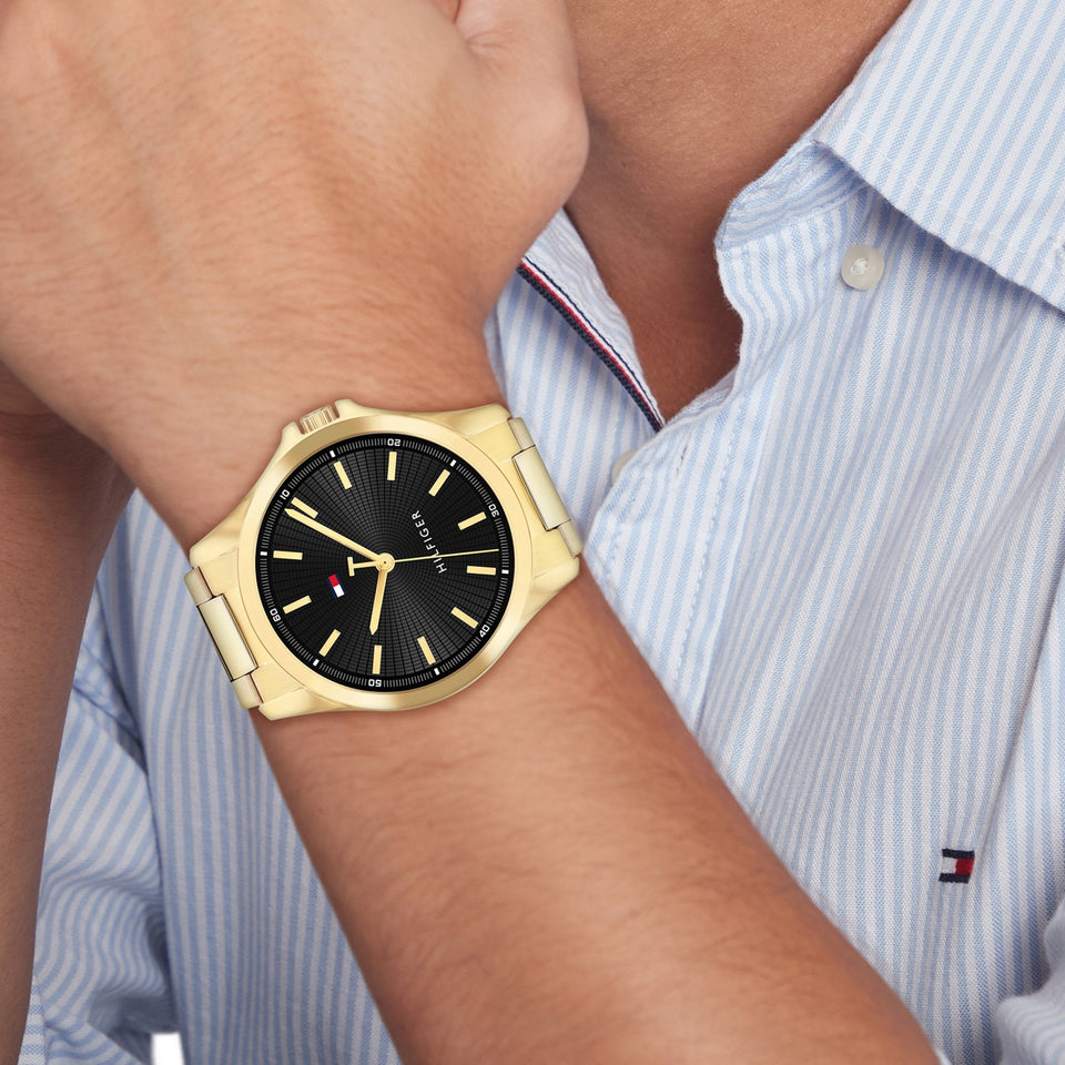 Tommy Hilfiger Men's Bruce Black Dial Gold Plated Bracelet Watch
