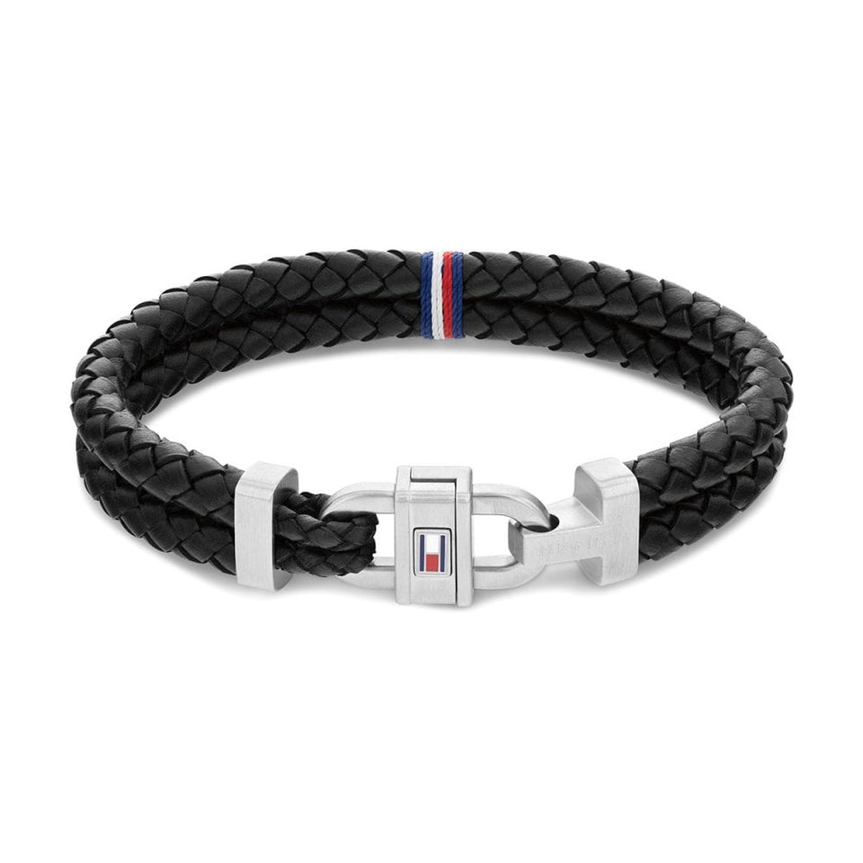 Tommy Hilfiger Men's Carabiner Black Leather Braided Bracelet