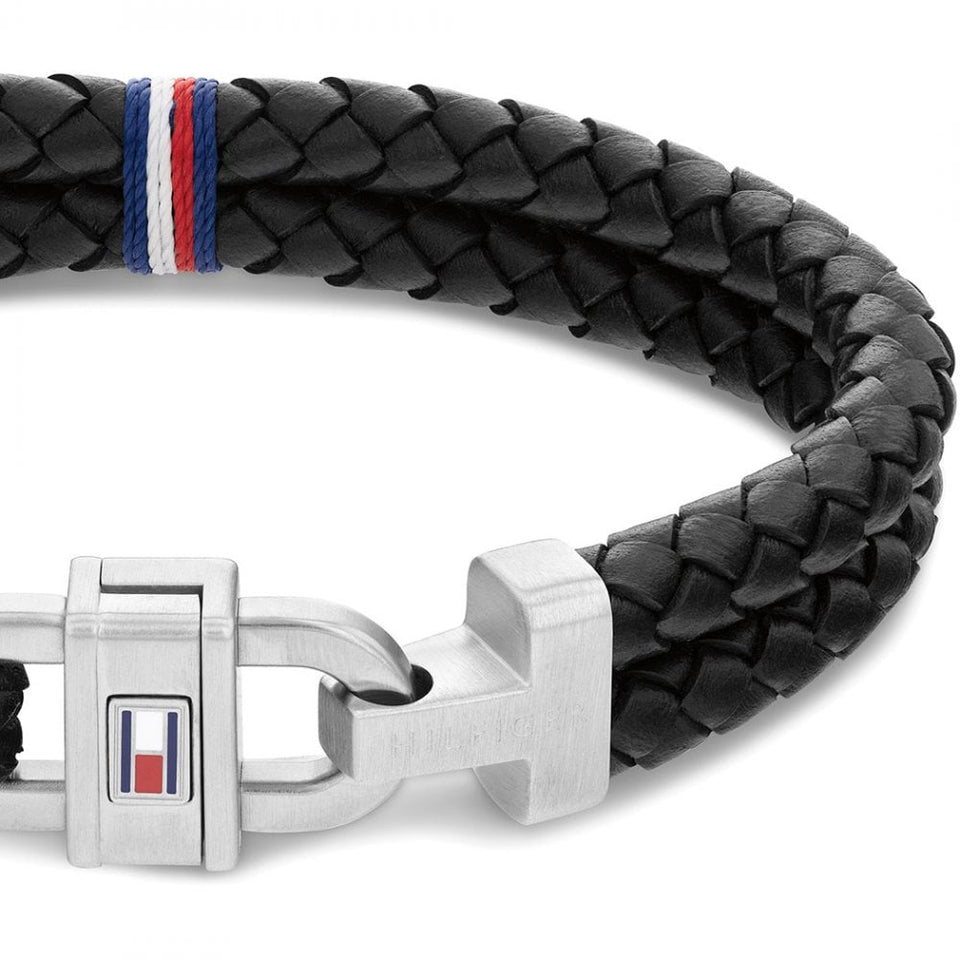 Tommy Hilfiger Men's Carabiner Black Leather Braided Bracelet