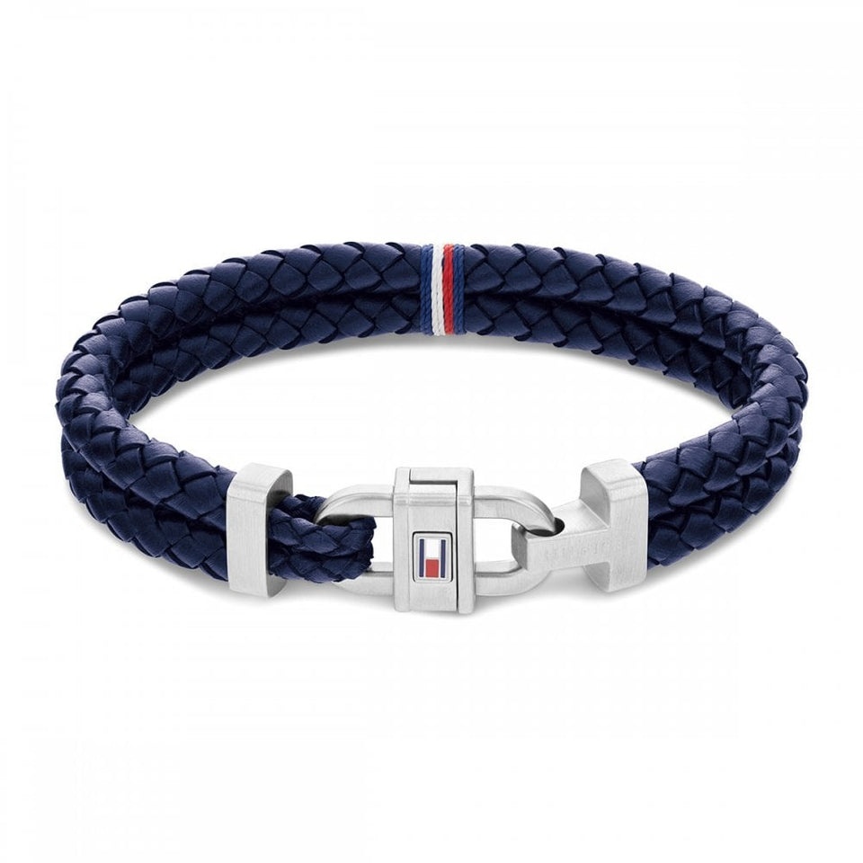 Tommy Hilfiger Men's Carabiner Navy Leather Braided Bracelet