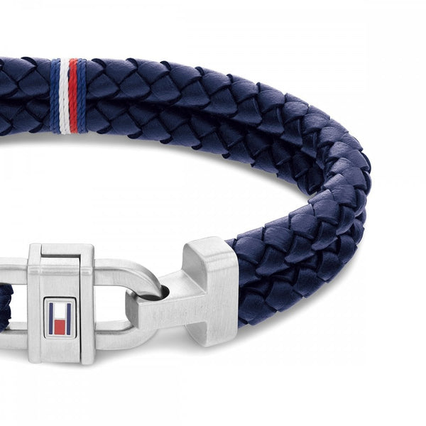 Tommy Hilfiger Men's Carabiner Navy Leather Braided Bracelet
