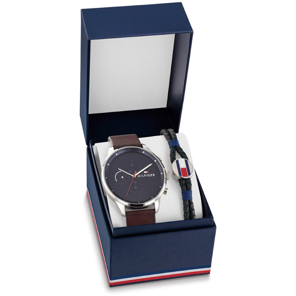 Tommy Hilfiger Men's Chase 44mm Blue Dial Watch & Leather Bracelet Gift Set