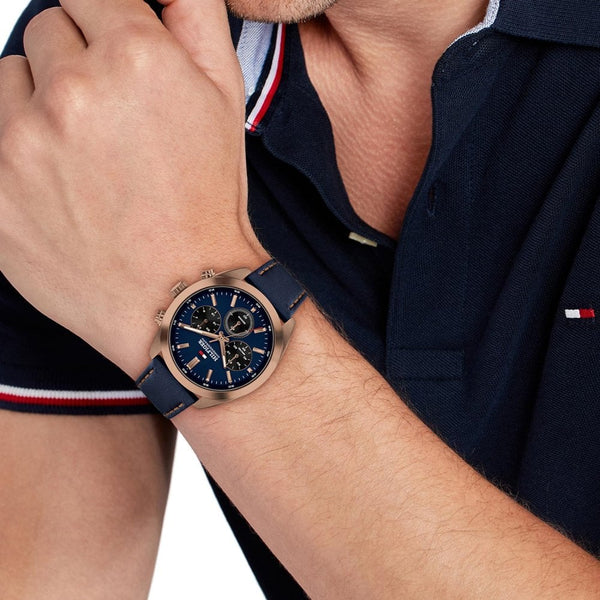 Tommy Hilfiger Men's Hudson Blue Dial 40mm Leather Strap Watch