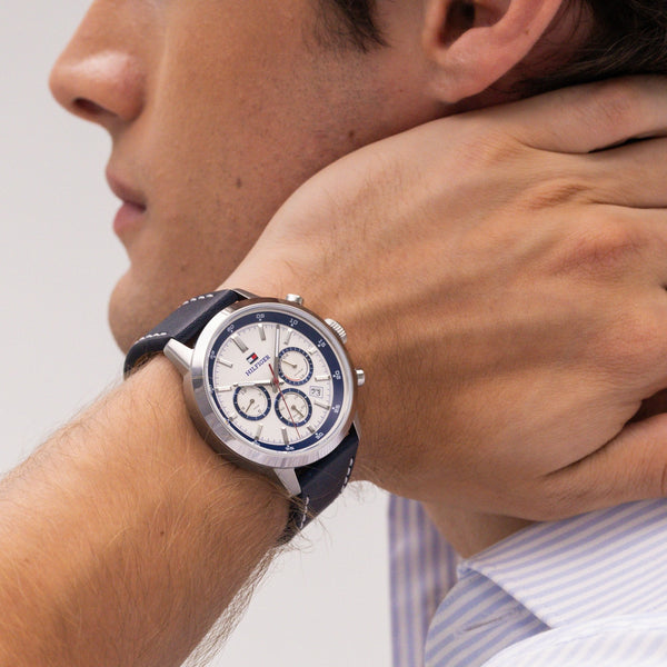 Tommy Hilfiger Men's Kent White Dial Blue Leather Strap Watch