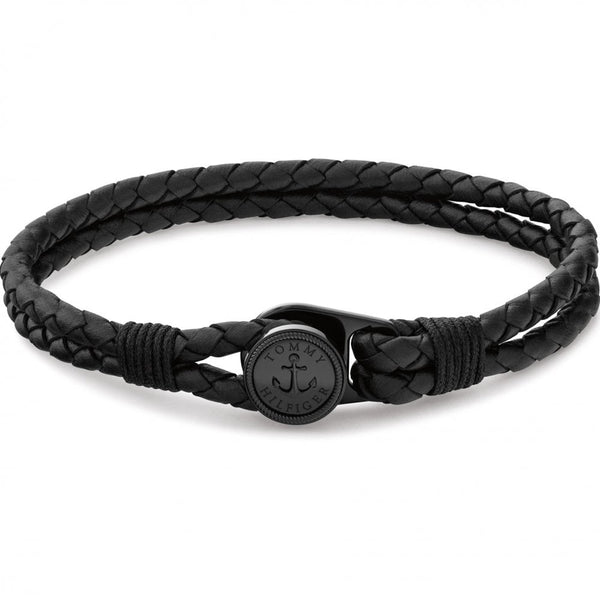 Tommy Hilfiger Men's Nautical Black Double Braided Leather Bracelet