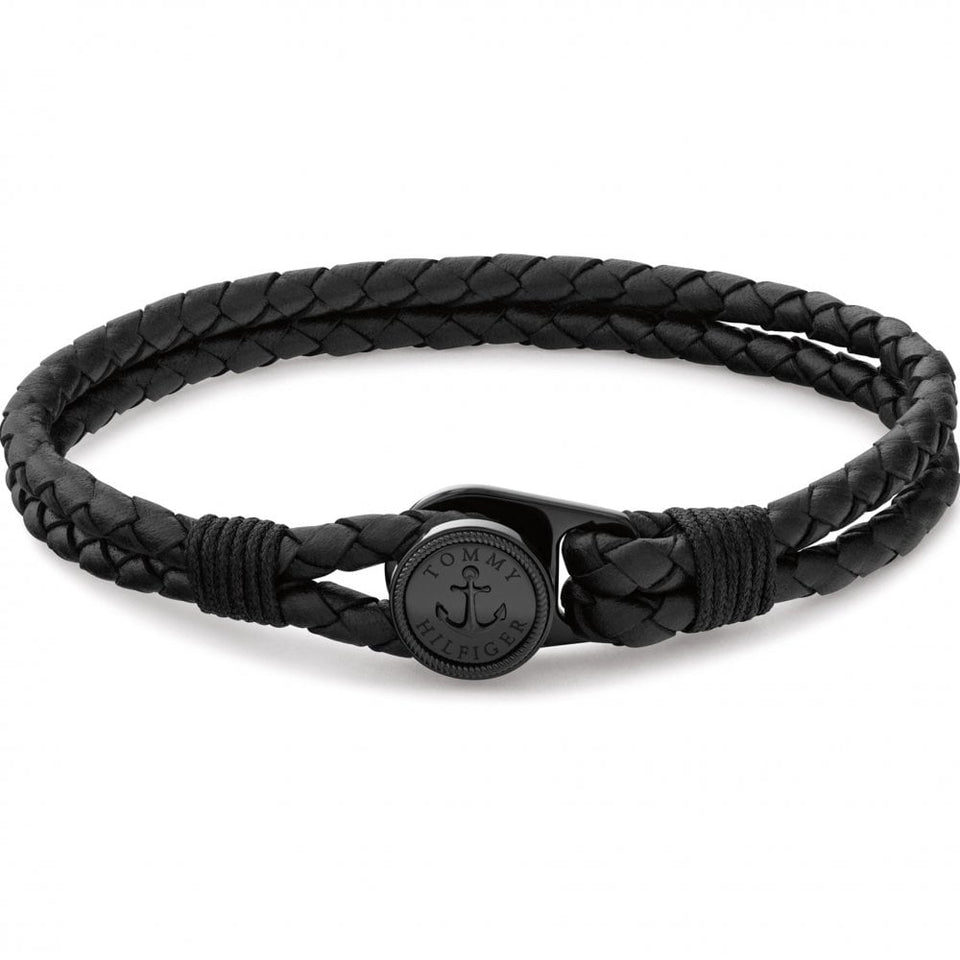 Tommy Hilfiger Men's Nautical Black Double Braided Leather Bracelet