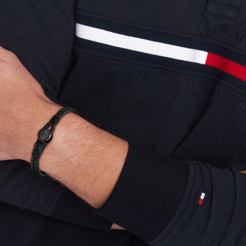 Tommy Hilfiger Men's Nautical Black Double Braided Leather Bracelet
