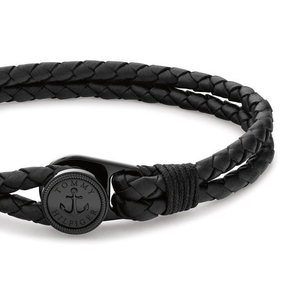 Tommy Hilfiger Men's Nautical Black Double Braided Leather Bracelet