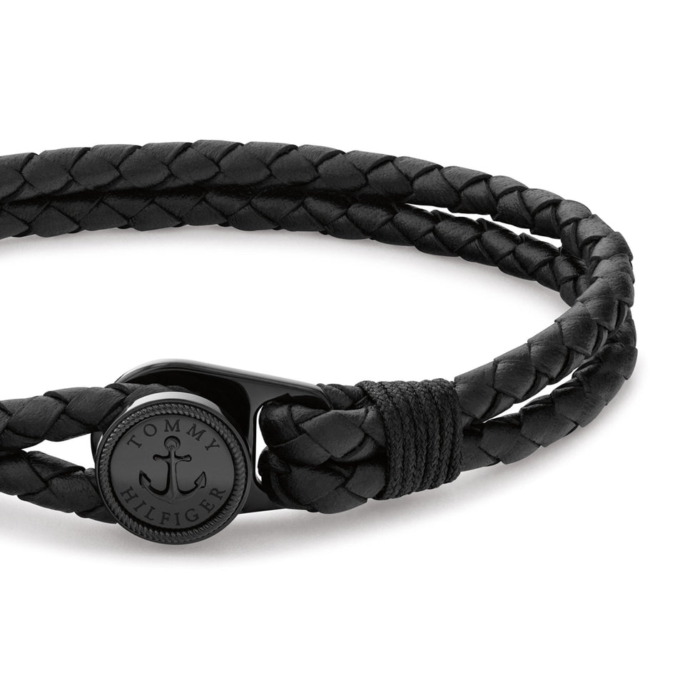 Tommy Hilfiger Men's Nautical Black Double Braided Leather Bracelet