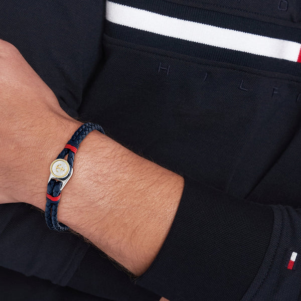 Tommy Hilfiger Men's Nautical Blue Double Braided Leather Bracelet