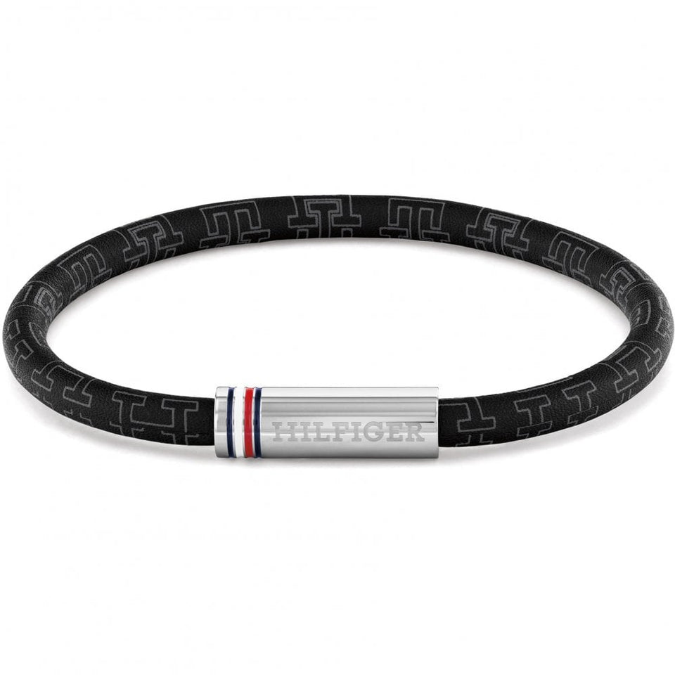Tommy Hilfiger Men's Printed Cord Black Leather Bracelet