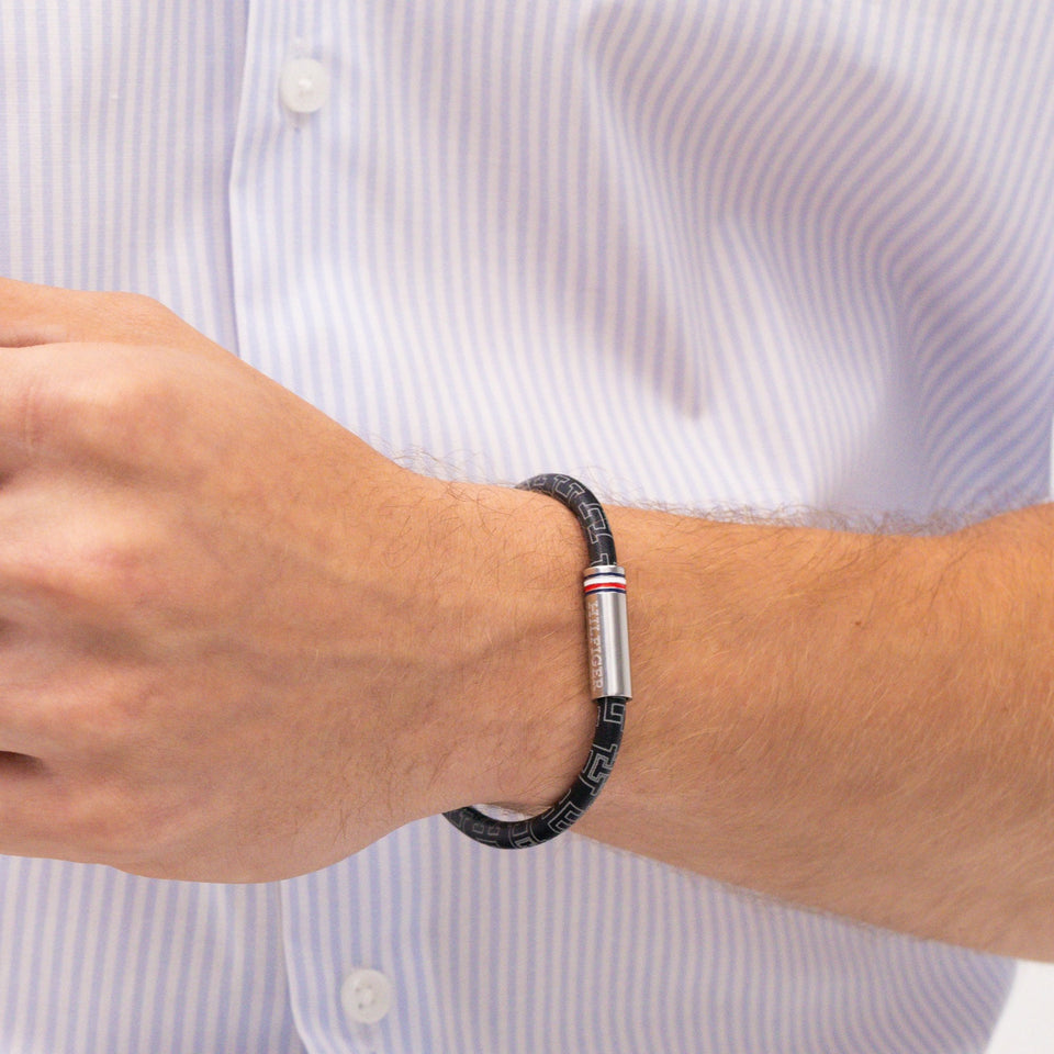 Tommy Hilfiger Men's Printed Cord Black Leather Bracelet
