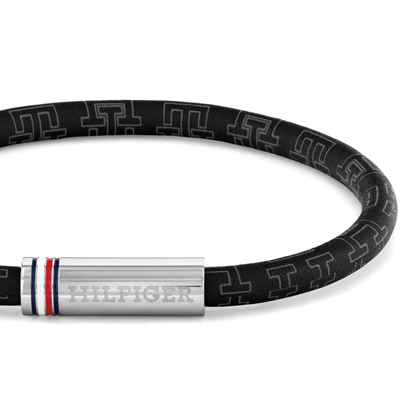 Tommy Hilfiger Men's Printed Cord Black Leather Bracelet