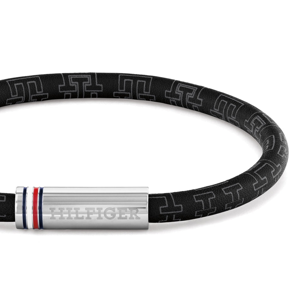 Tommy Hilfiger Men's Printed Cord Black Leather Bracelet