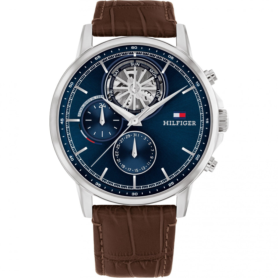 Tommy Hilfiger Men's Stewart Blue Dial Brown Leather Strap Watch