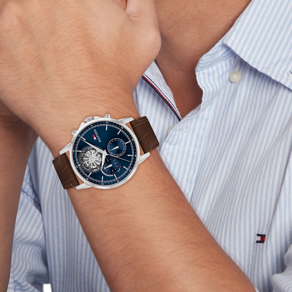 Tommy Hilfiger Men's Stewart Blue Dial Brown Leather Strap Watch