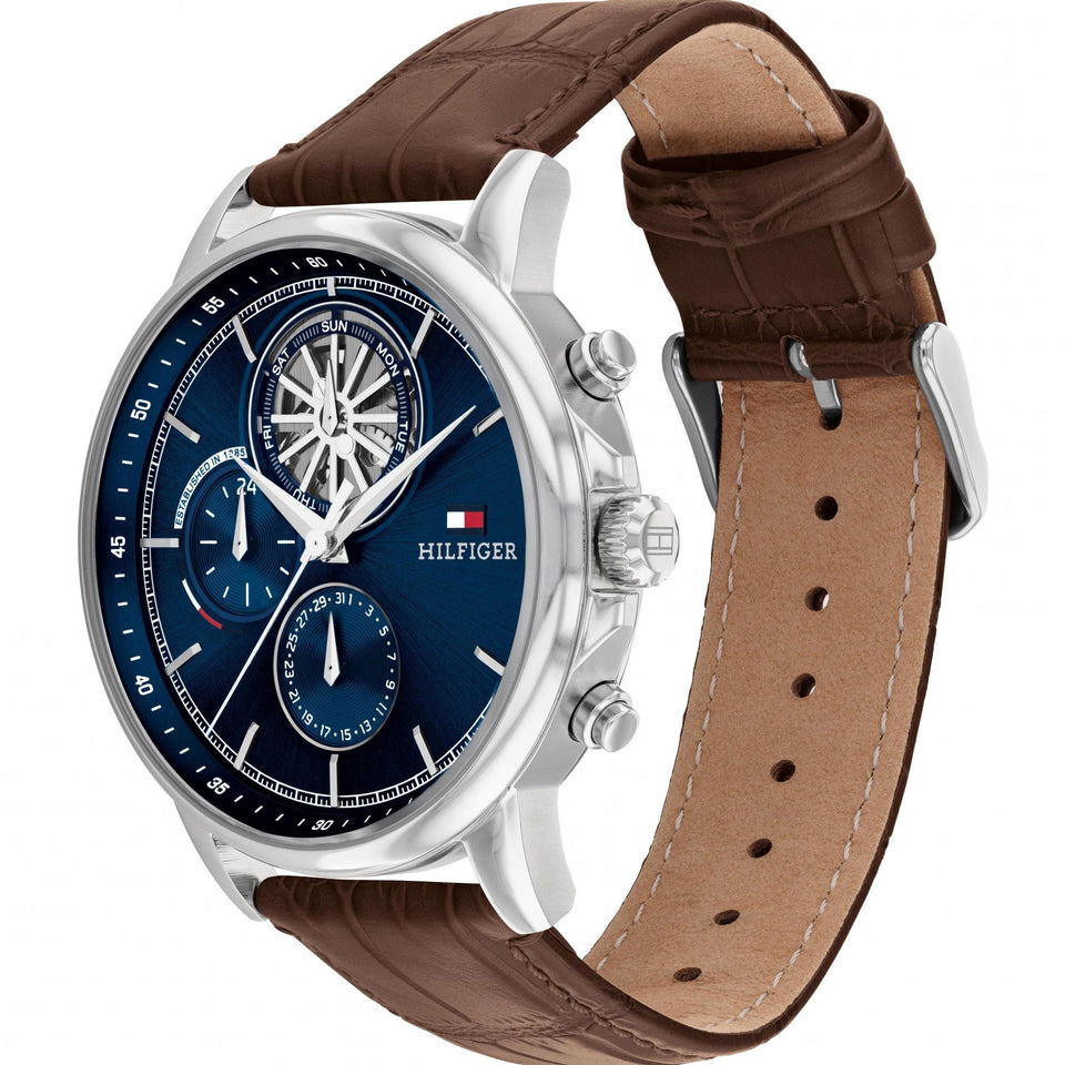Tommy Hilfiger Men's Stewart Blue Dial Brown Leather Strap Watch