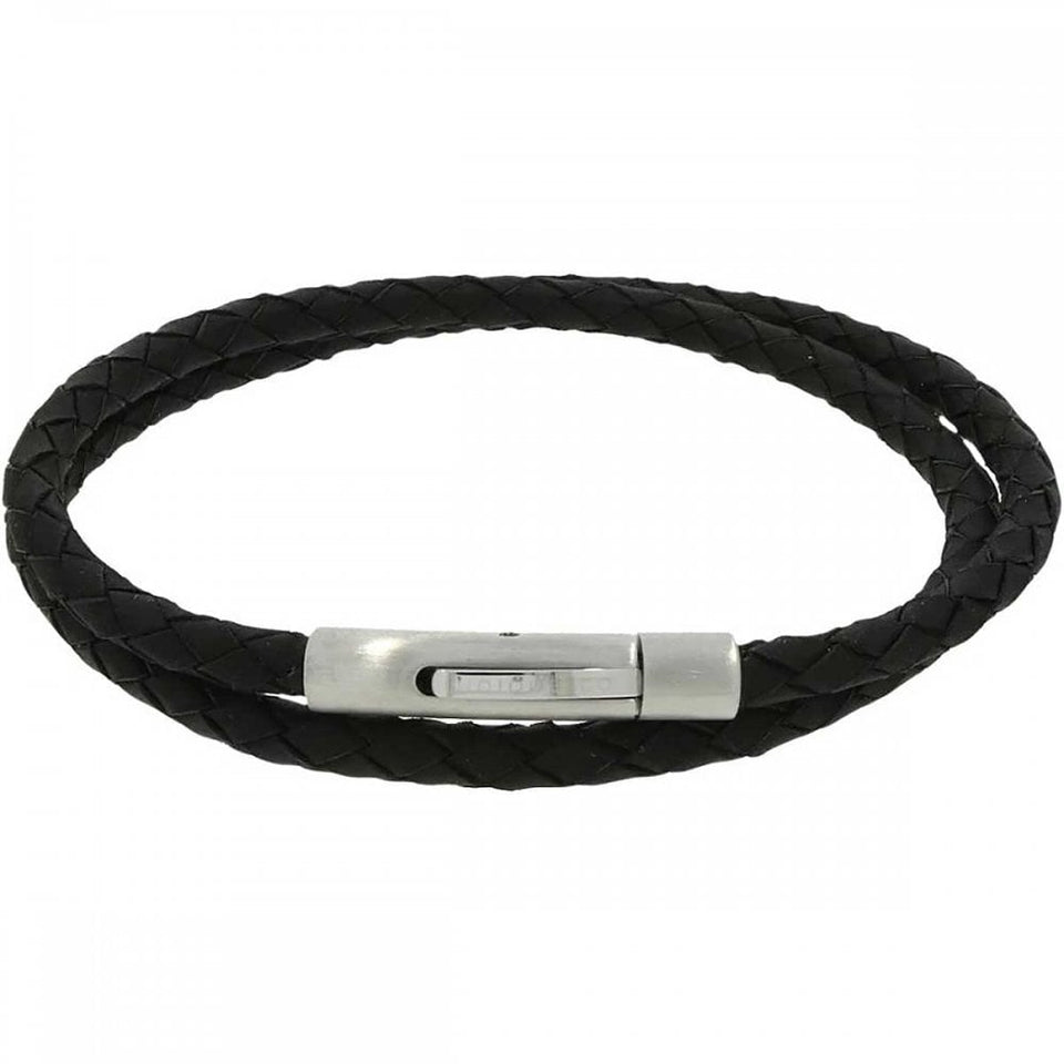 Unique & Co Gent's Black Leather Double Wrap Steel Clasp Bracelet