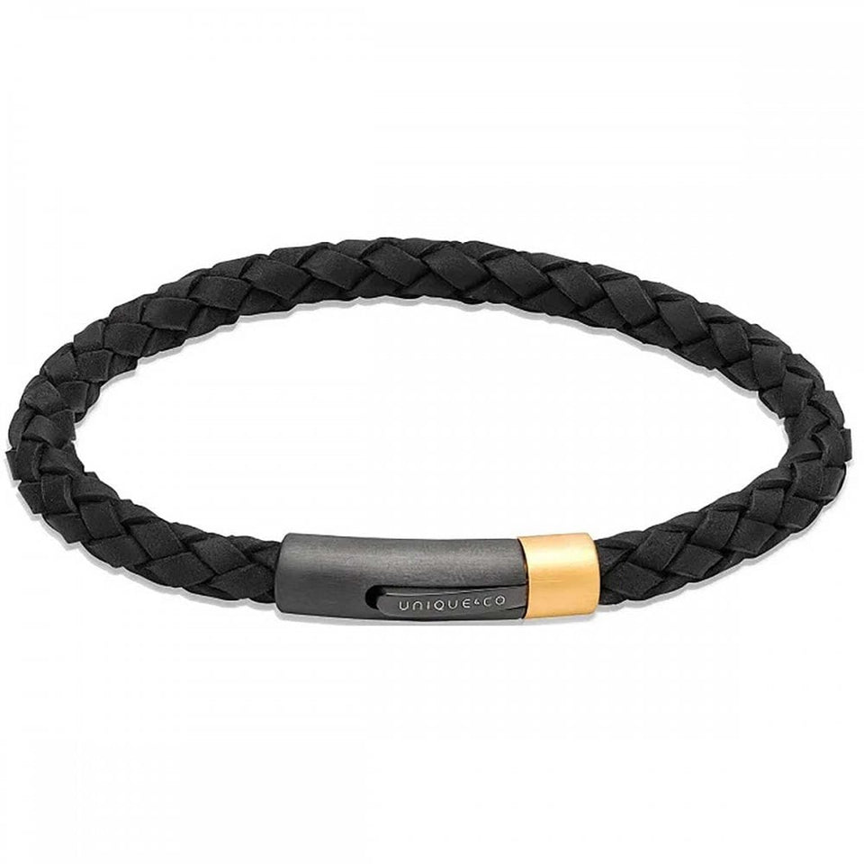 Unique & Co Gents Black Leather Gold Plated Two Tone Clasp Bracelet