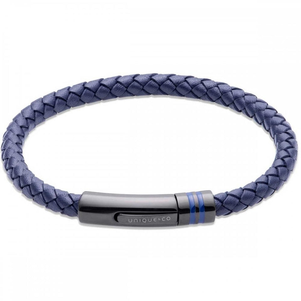 Unique & Co Gent's Leather Grey IP Plated Clasp Blue Bracelet