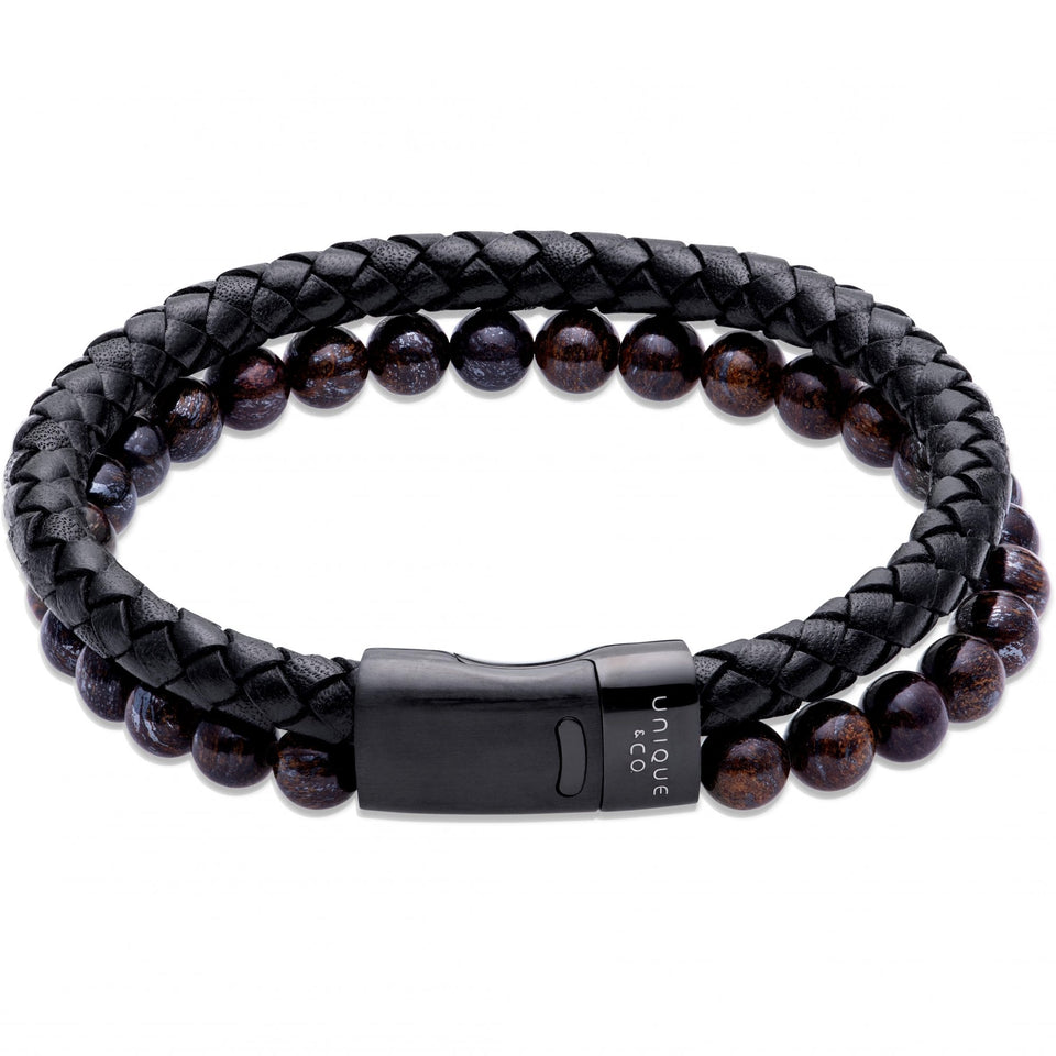 Unique & Co Gents Multi Layered Black Beaded Leather Bracelet
