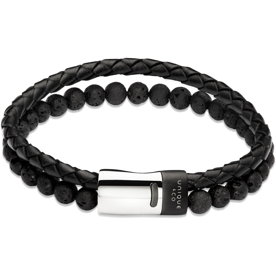 Unique & Co Gent's Multi Layered Lava Beaded Leather Bracelet
