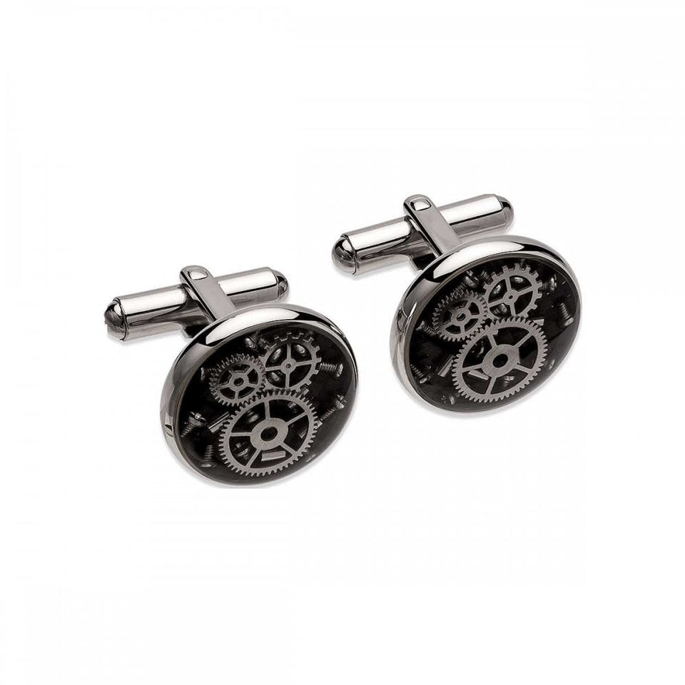 Unique & Co Gent's Stainless Steel Black Carbon Fibre Screw & Gear Cufflinks