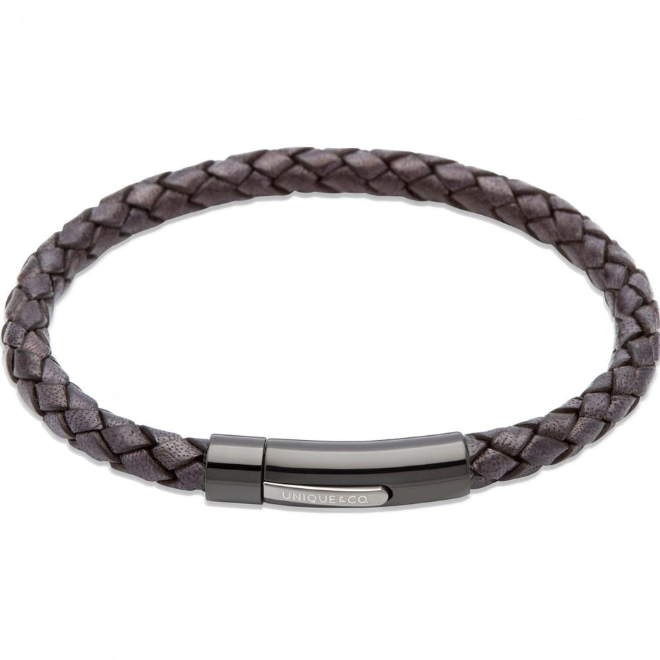 Unique & Co Men's Antique Black Gunmetal Clasped Leather Bracelet
