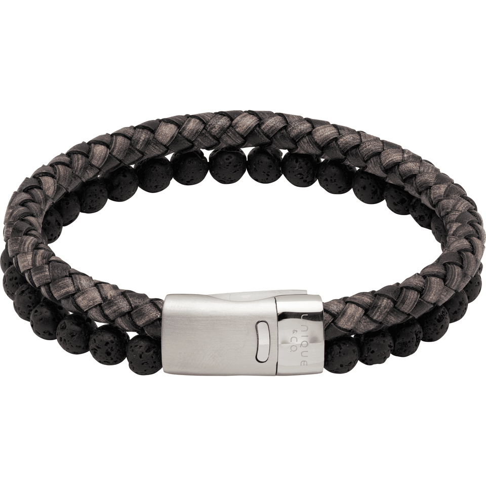 Unique & Co Men's Antique Black Leather & Lava Stone Double Bracelet
