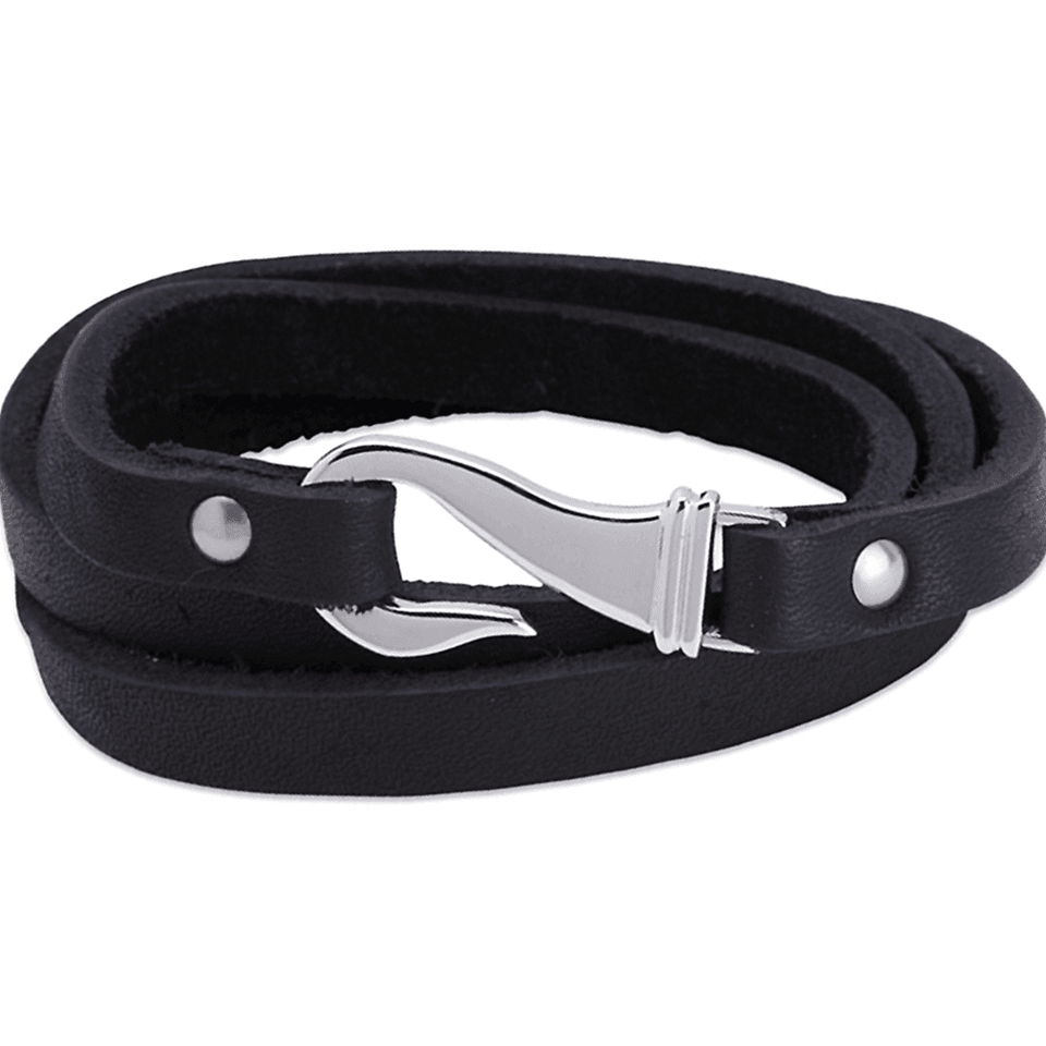 Unique & Co Men's Black 8mm Leather Steel Hook Wrap Bracelet