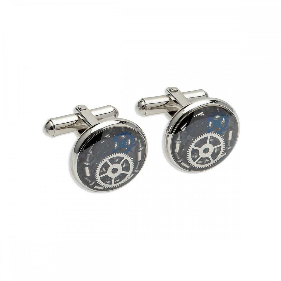 Unique & Co Men's Black & Blue IP Plated Screw & Gear Cufflinks