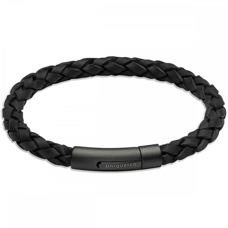 Unique & Co Men's Black Braided Leather Black IP Plated Bracelet