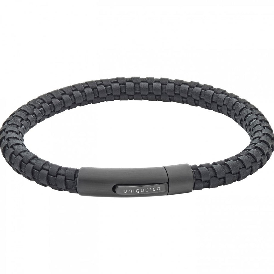 Unique & Co Men's Black IP Clasp Leather Bracelet