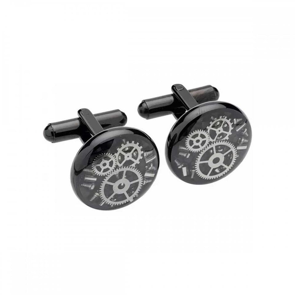 Unique & Co Men's Black IP Plated Carbon Fibre Cog & Wheel Cufflinks