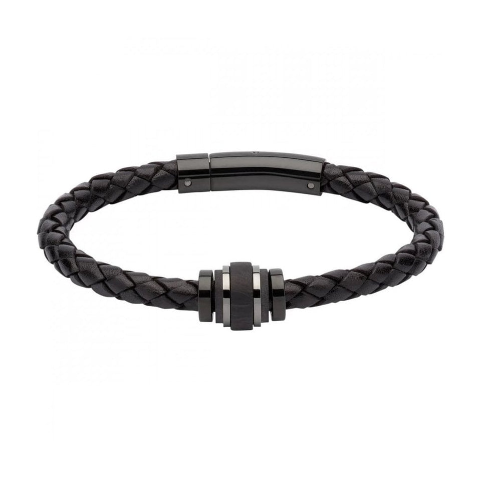 Unique & Co Men's Black IP Plated Carbon Fibre Leather Bracelet