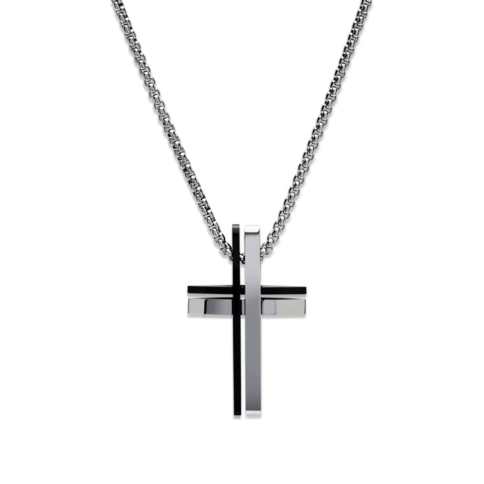 Unique & Co Men's Black IP Plated Double Cross Necklace