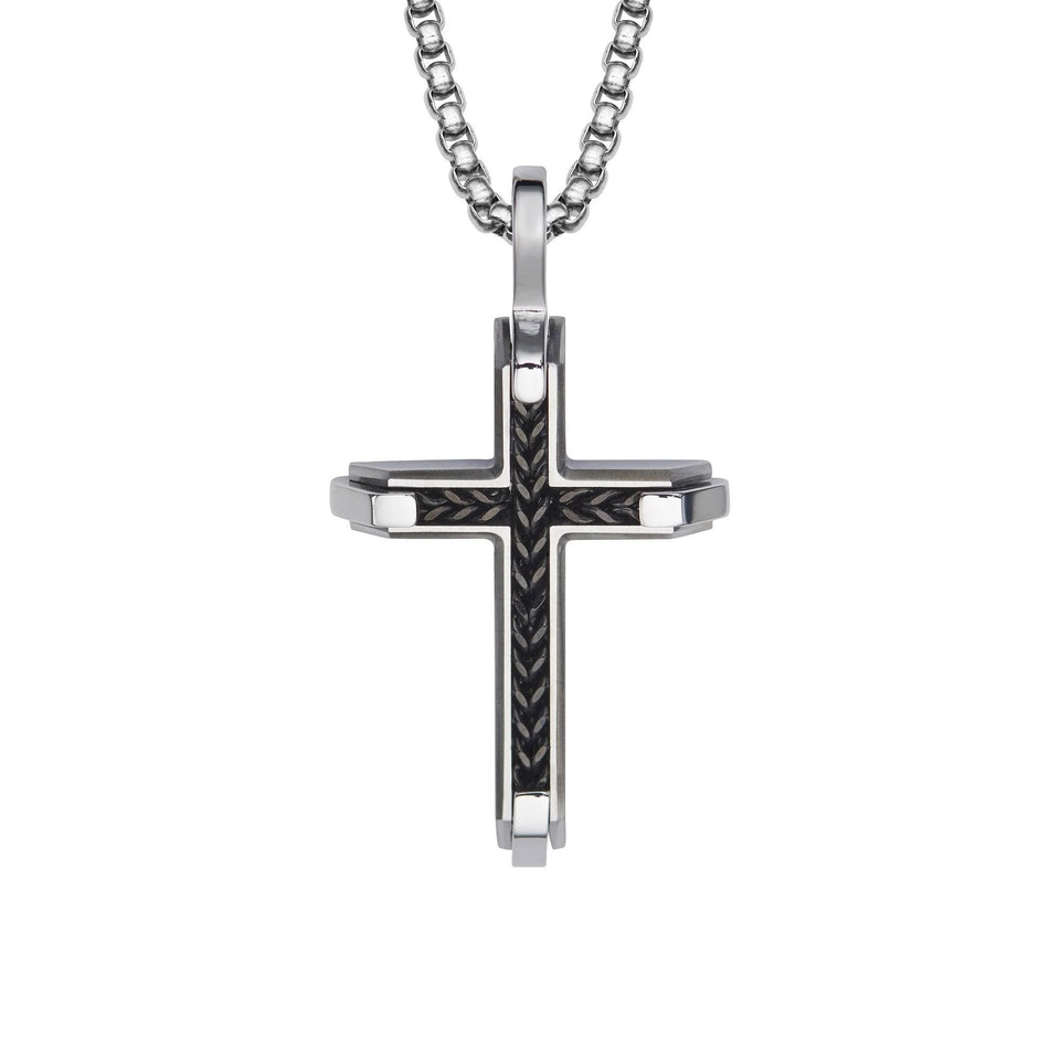 Unique & Co Men's Black IP Plated Inlay Stainless Steel Cross Necklace