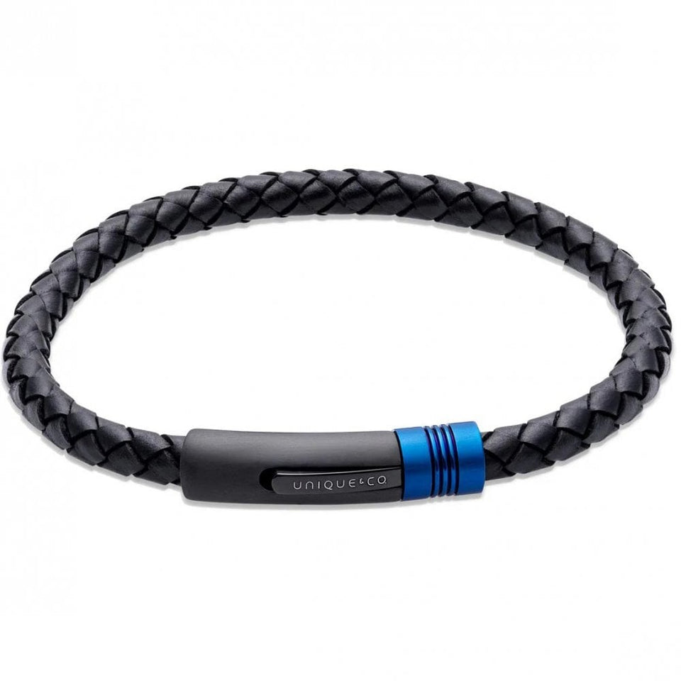 Unique & Co Men's Black Leather Blue Clasp Bracelet