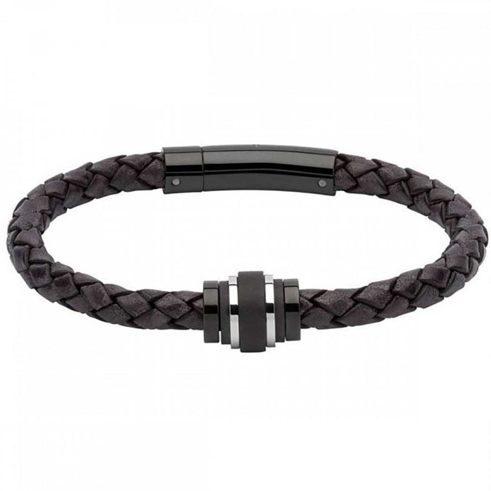 Unique & Co Men's Black Leather Carbon Fibre Detailed Bead Bracelet