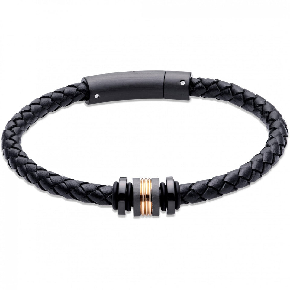 Unique & Co Men's Black Leather Gold Charm Bracelet