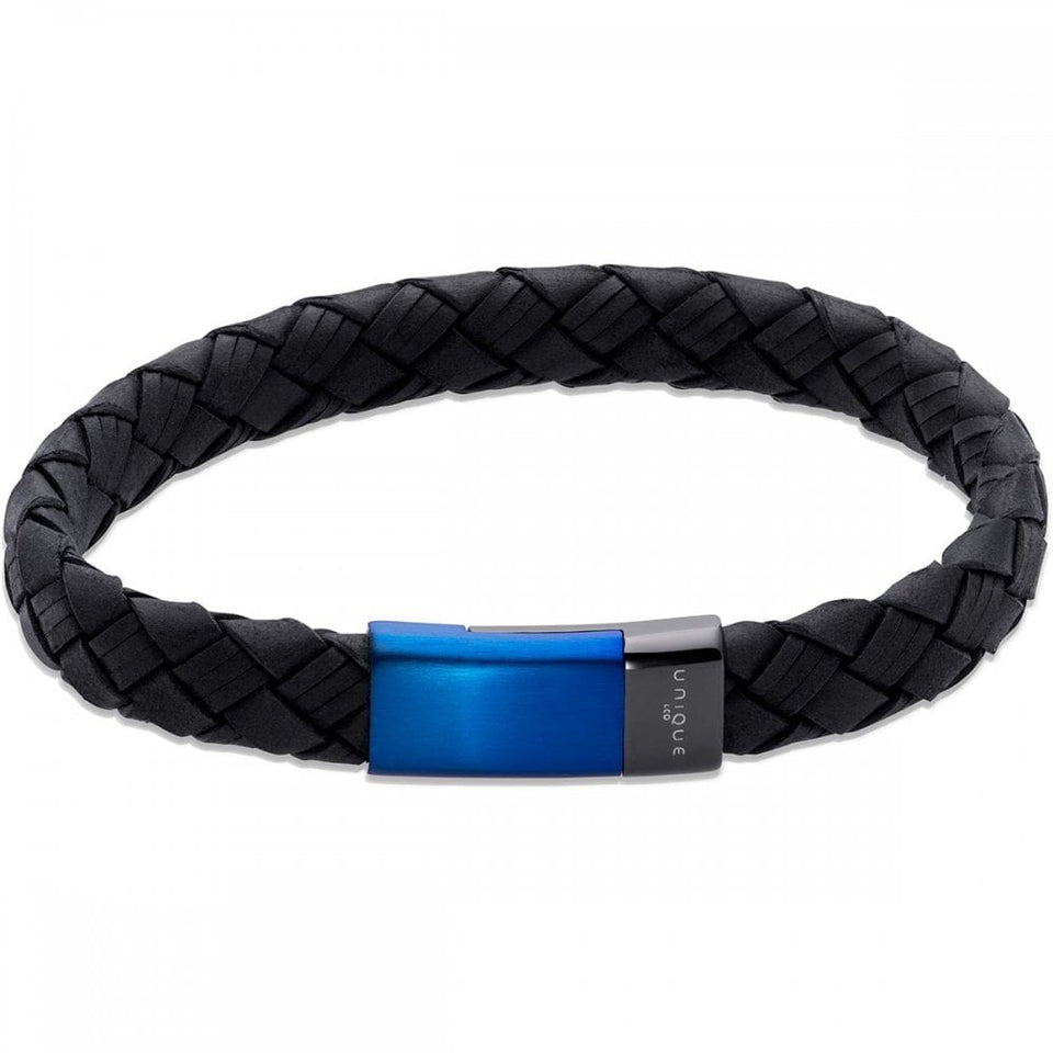 Unique & Co Men's Black Leather Polished Blue IP Plated Bracelet