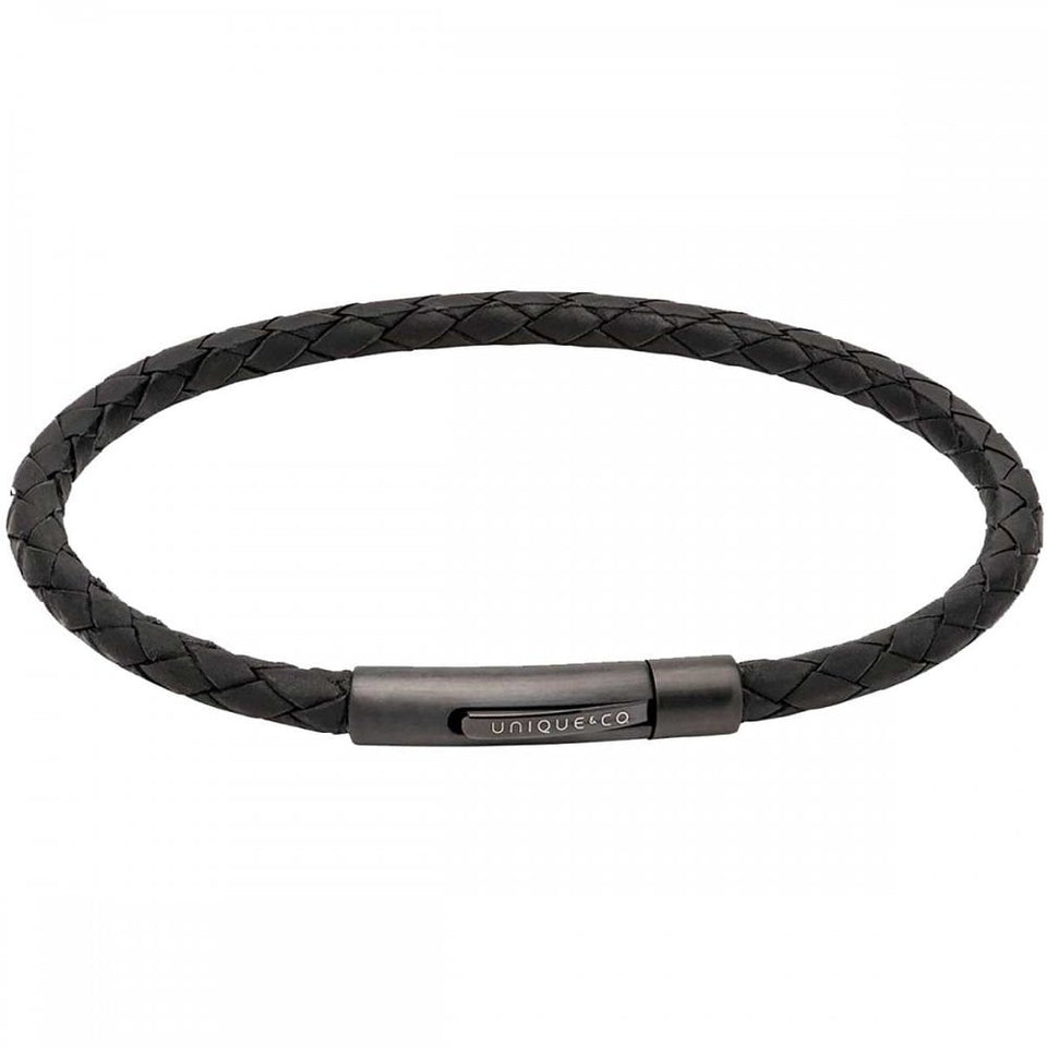 Unique & Co Men's Black Leather Stainless Steel Bracelet