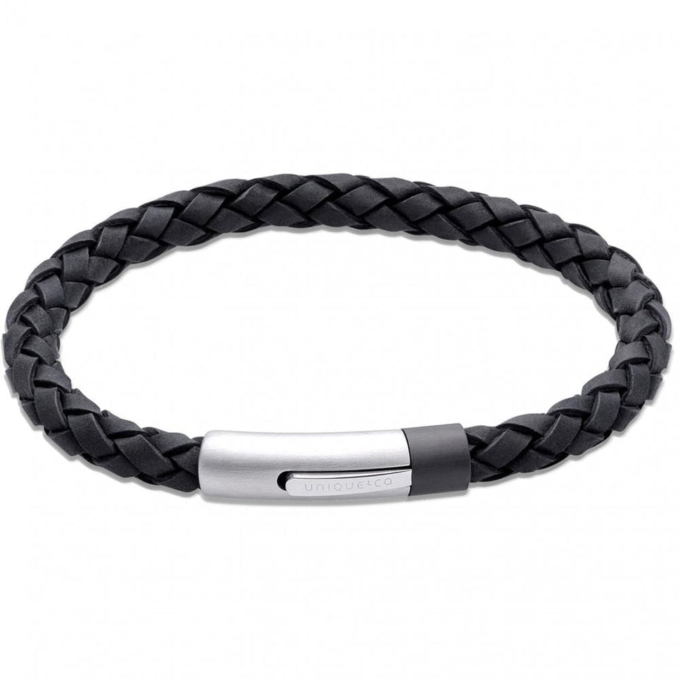 Unique & Co Men's Black Leather Stainless Steel Clasp Bracelet